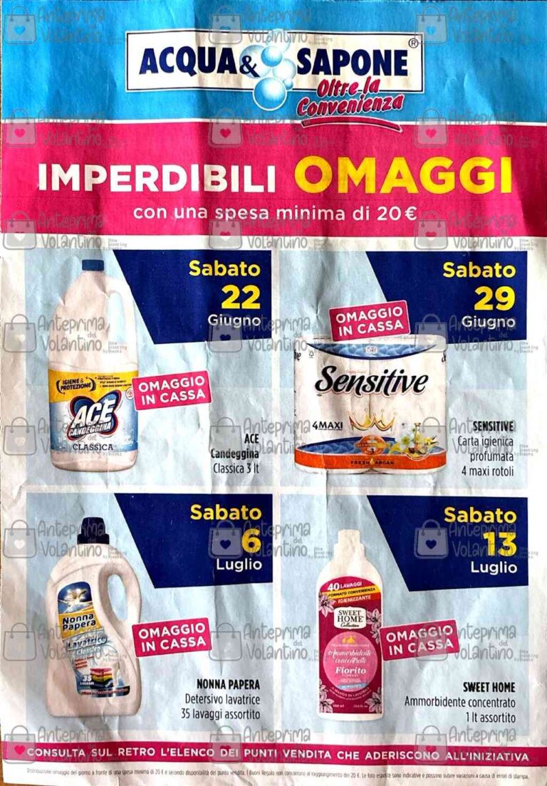 Volantino Acqua e Sapone Omaggi dal 22 giugno al 13 luglio 2024